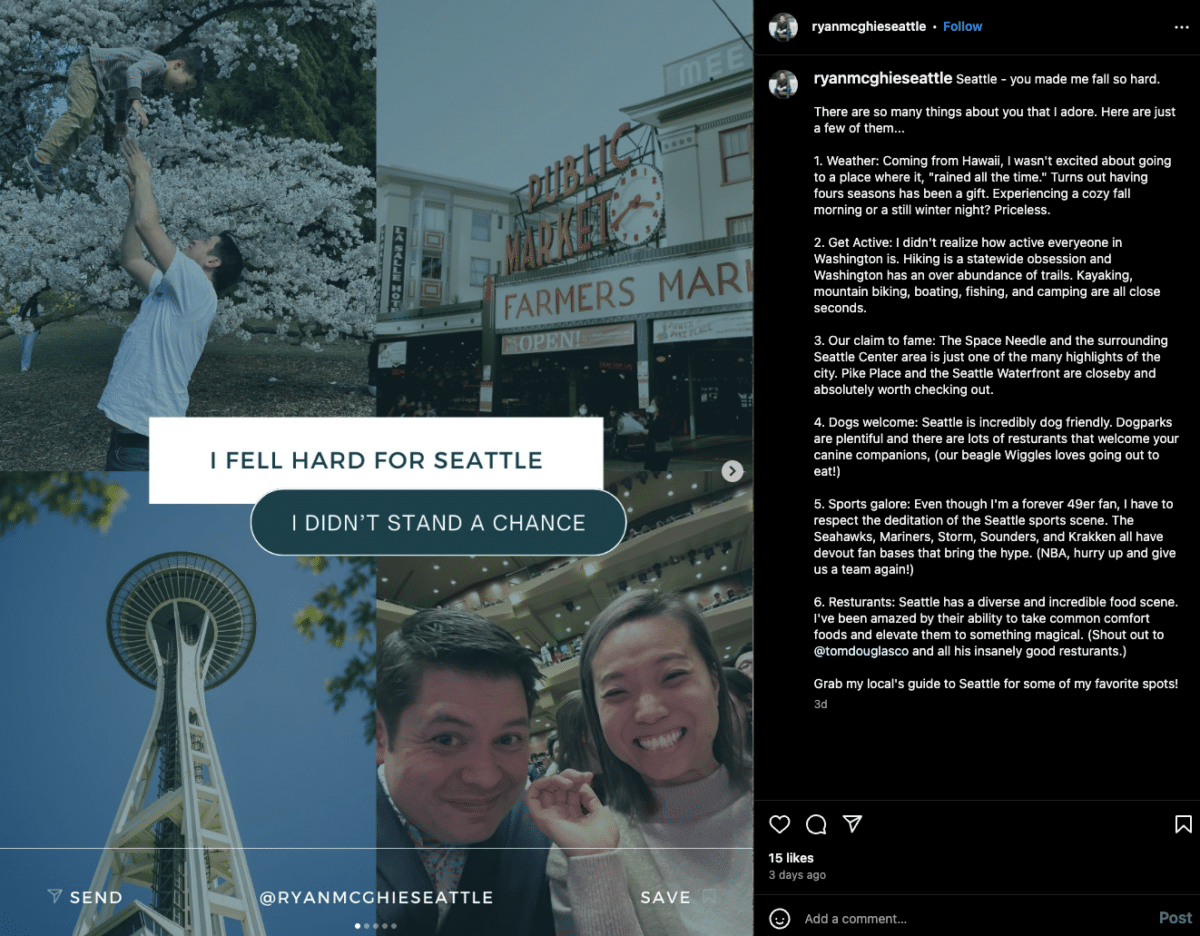 Screenshot of an Instagram carousel featuring pictures of points of interest around Seattle, WA, with text reading "I fell hard for Seattle. I didn't stand a chance."
